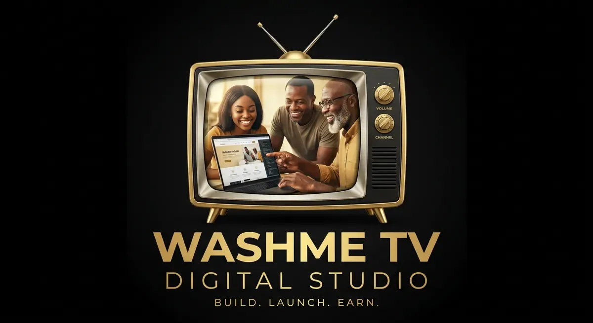 WASHME TV Digital Studio logo: a gold vintage television showing three people smiling at a laptop, above the words Build. Launch. Earn.